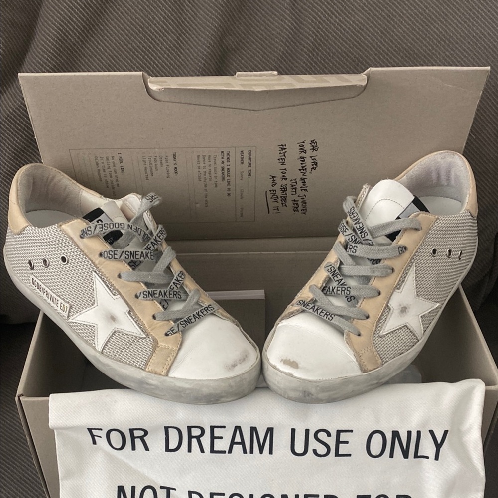Golden Goose Mesh White and Tan Distressed Sneakers